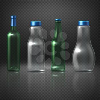 Empty glass vector bottles for alcoholic and nonalcoholic beverages, beer, wine, vodka, juice. Set of bottle container transparent for liquid, illustration of bottle with cap