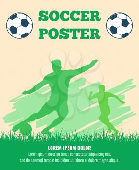 Soccer players vector poster template. Silhouette soccer players with ball illustration