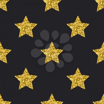Vector gold glitter stars seamless pattern black background. Backdrop design illustration