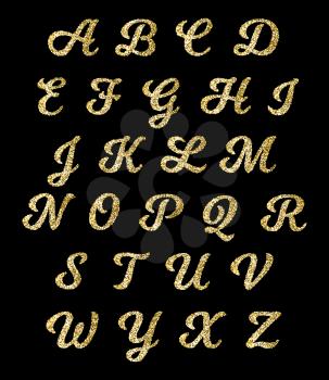 Golden glitter alphabet, gold font vector letters with sparkle effect. Fashion glitter alphabet, illustration of sparkle golden alphabet