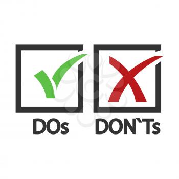DOs and DONTs yes and no vector sign. Illustration of correct and wrong, cross and tick sign