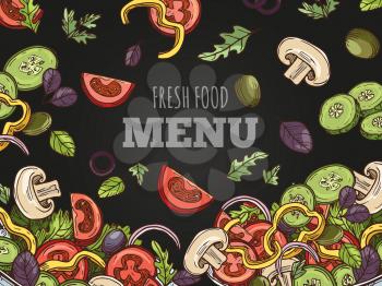 Fresh food menu cover vector template. Hand sketched vegan salad on chalkboard background. Illustration of sketch organic and vegetarian fresh vegetable