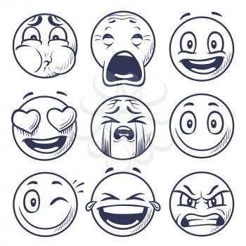 Sketch smiley. Smile expression icons, emoticons faces. Hand draw vector mood characters. Sketch face smiley mood, smile character emoticon illustration