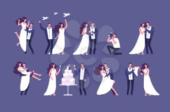 Wedding couples. Bride and groom on marriage ceremony. Getting married people characters isolated set. Couple wedding, groom and bride, romantic together illustration