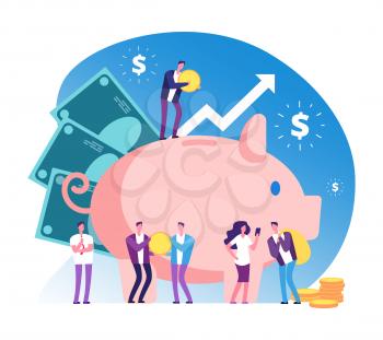Piggy bank and people. Deposit money bank, wealth and cash accumulator financial vector concept. Illustration of deposit bank, money investment in banking