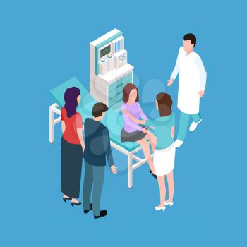 Girl teenager on medical check-up. Parents, daughter, doctors and medical equipments isometric vector illustration