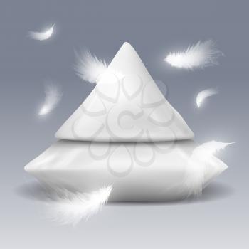 Pyramide from pillows with falling white feathers vector illustration isolated