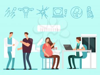 Young future parents have visit to doctors. Pregnant woman and her husband in gynecology. Vector illustration