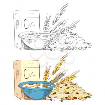 Sketch porridge corn flakes and muesli isolated on white background. Vector set of porridge breakfast, healthy muesli organic illustration