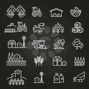 White farm icons and concepts on blackboard. Farm agriculture, village and tractor, field harvest illustration