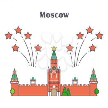 Bright linear Moscow Kremlin with red stars fireworks. Vector illustration