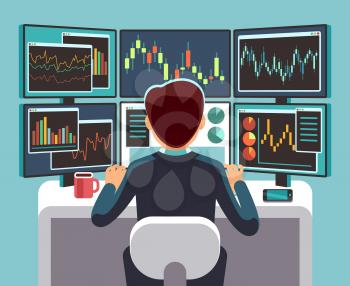 Stock market trader looking at multiple computer screens with financial and market charts. Business analysis vector concept. Broker and trader financial on work place illustration