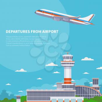 Airplane takeoff on runway in international airport. Tourism and air travel vector concept. Airplane departure from international terminal illustration