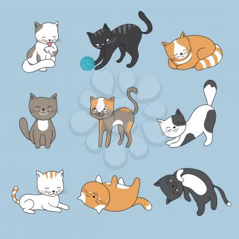 Hand drawing cute cats. Vector kitty collection. Animal kitty od set, cartoon cat character illustration