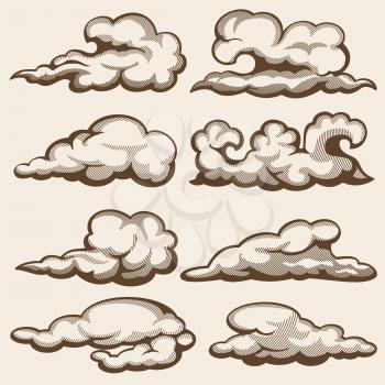 Vintage engraving clouds. Hand drawn vector set. Cloud engraving drawing in sky retro style illustration