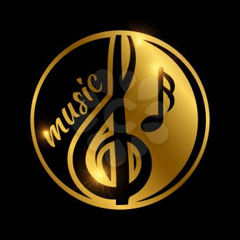 Luxury music logo design - golden shiny musical emblem. Vector illustration