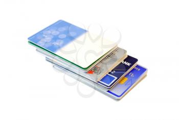 Credit cards combined by a short flight of stairs on a white background.