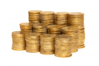 Stack of golden coins isolated on white