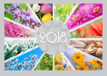 Seasonal Calendar for 2018 year. Creative collage. Quarterly calendar of accountant.