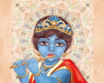 Illustration of hindu deity Shri Krishna playing the flute. Happy Janmashtami.