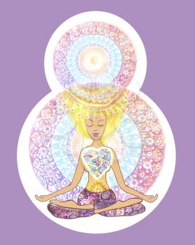 The 8th of March banner and poster. Yoga lotus pose. Hand drawn woman sitting in lotus pose of yoga on mandala background.