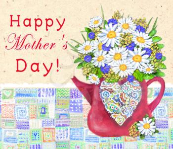 Cute teapot with abstract multicolored heart on a vintage background. Time for tea or coffee. Bouquet of daisies and cornflowers. Happy Mother`s day. Congratulations card.