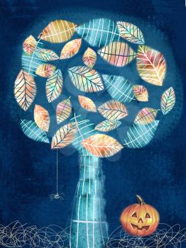 Halloween theme. Art illustration of dark halloween holiday scary little spider on web hanging on mysterious tree and pumpkin in the grass. Based on hand drawn elements.