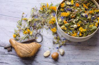 Herbal tea with ivan-tea, cornflower, calendula, heather and thyme. The key to health and longevity. Clay Bird is a whistle.