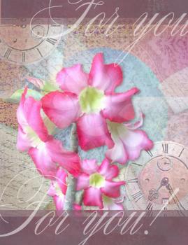 Floral Thank you card with beautiful realistic adenium pink flowers on a vintage elegant background with old clocks and handwritten text. Can use for wedding, greeting or invitation card.