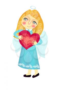 Cute stylized character angel with a red heat on his hands. Greeting card. St. Valentine day theme.