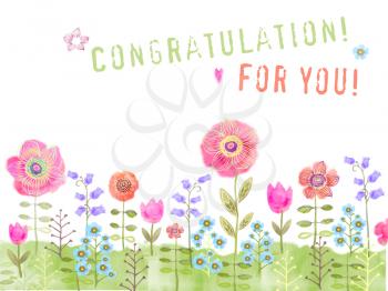 Cheerful meadow flowers growing. Floral background. Congratulation card with flowers on a white background.