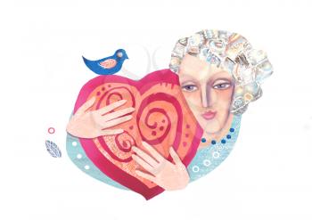 Isolated illustration on a white background, which shows a woman's face and graceful hands holding a great heart.