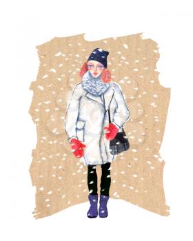 A trendy illustration depicting a young girl in a winter coat, hat and woolen gloves against the background of falling snow. Graphic drawing.