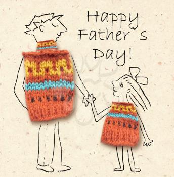 Father and daughter on a walk, happy and smiling to each other. Happy father's day, cartoon illustration with dad and daughter isolated on paper background.