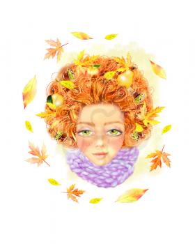 Beautiful autumn girl on a white background with wreath of leaves, chestnuts, pears, apples in her hair. Illustration for postcards, calendars, posters, prints, seasonal template design.