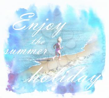 Summertime sunny landscape with inscription enjoy the summer holidays and silhouette of happy child, who running and rejoice at the beach.