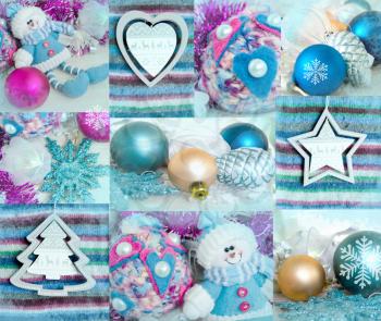 Christmas collage of different backgrounds with Christmas toys. Symmetrical mosaic mix of New Year objects and decorations.