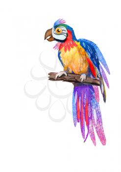 Ara parrot sitting on a tree branch. Macaw. Hand drawing cartoon illustration isolated on white backdrop. Wildlife art for fabric, postcard, greeting card, book, T-shirt, phone case, for the children