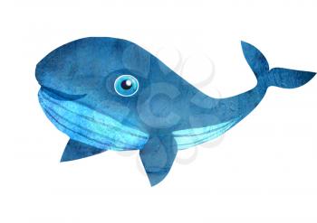 Funny blue whale. Hand drawing cartoon illustration isolated on white backdrop. Wildlife art for fabric, postcard, greeting card, book, T-shirt, phone case, for the children