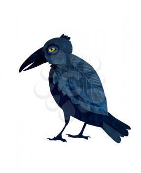 Black raven. Bird. Hand drawing cartoon illustration isolated on white backdrop. Wildlife art for fabric, postcard, greeting card, book, T-shirt, phone case, for the children