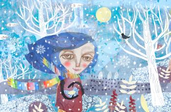 The girl in a colored scarf holds a bird. Author's technique of collage using various pictorial textures.Hello winter is a seasonal illustration.