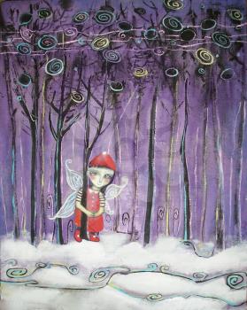 Elf in red clothes between the snowy trees. Acrylic painting on canvas. New Year's illustration.