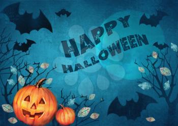 Happy Halloween design. Halloween spooky background with bats flying in the moonlight autumn trees and pumpkins. Scary Halloween background. Halloween banner party invitation card.