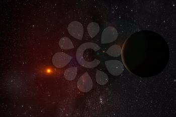 The planet against the background of a star. Star sky, computer graphics of space