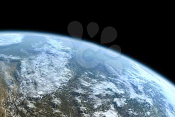 Mother Earth view from space, computer graphics. Near space above the ground.