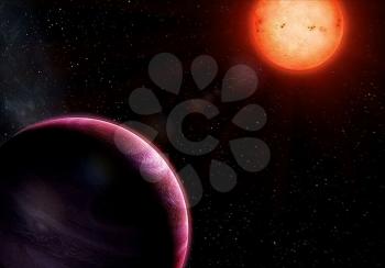 Planets near the star. A system that looks like a sunny one. Space in the artist's view.