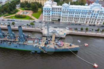 Pererburg, Russia - May 29, 2018: Cruiser Aurora in the River Neu, the city of St.Petersburg. Open to tourists. The symbol of the revolution of 1917.