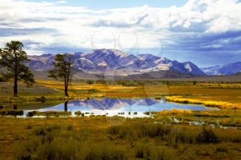 Autumn landscape of lake in the steppe prairie and mountains in the background, Altay, Siberia, Russia