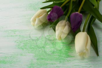 Spring tulips background. Flower frame. Flower background. Flower bouquet. Greeting card. Mothers day. Place for text. Copy space
