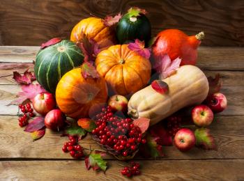 Abundant harvest concept with pumpkins, apples and berries. Thanksgiving background with seasonal vegetables and fruits. Fall background.